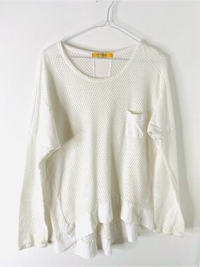 White Mesh Knit Pullover Sheer Summer Sweater Pocket Top Cotton Innovation